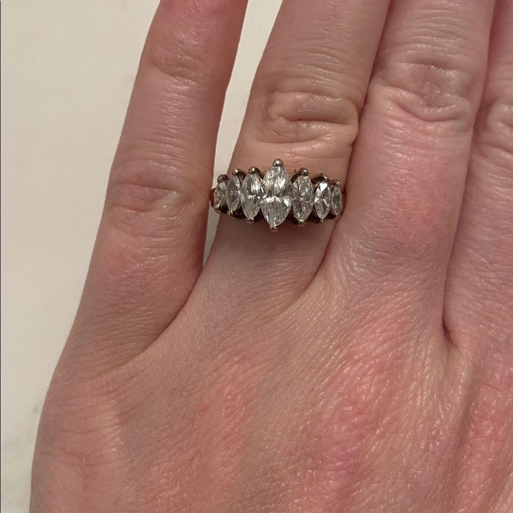 7 Synthetic Graduated White Marquis on Gold-washed 925 Sterling Silver Ring